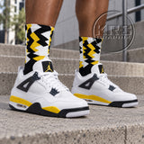 Tour Yellow 4s Matching Socks – Black, White & Yellow Sneakerhead Crew Socks